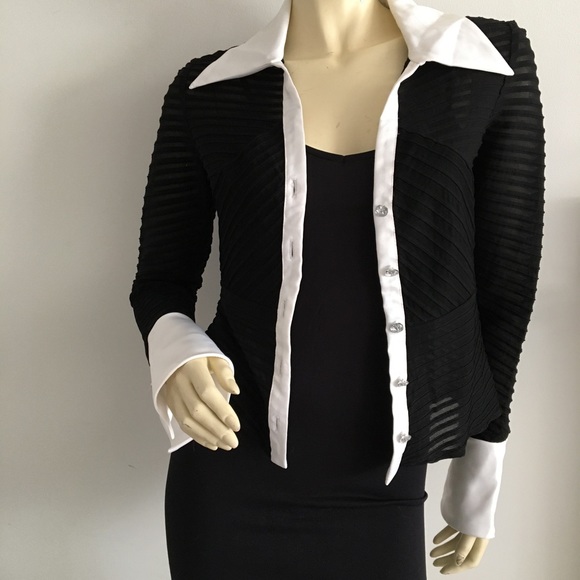 JS collection long sleeved black evening top with white collar and trim buttoned - Picture 2 of 8